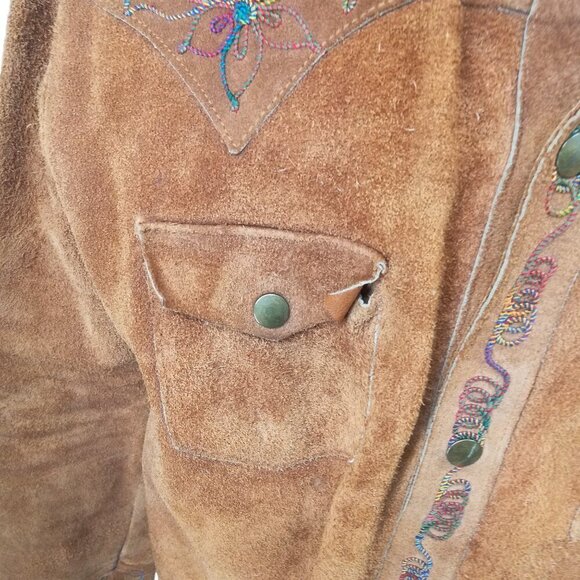 Vintage Suede Embroidered Snap Western Jacket Shirt Size XL Brown Rainbow Collar - Picture 3 of 13